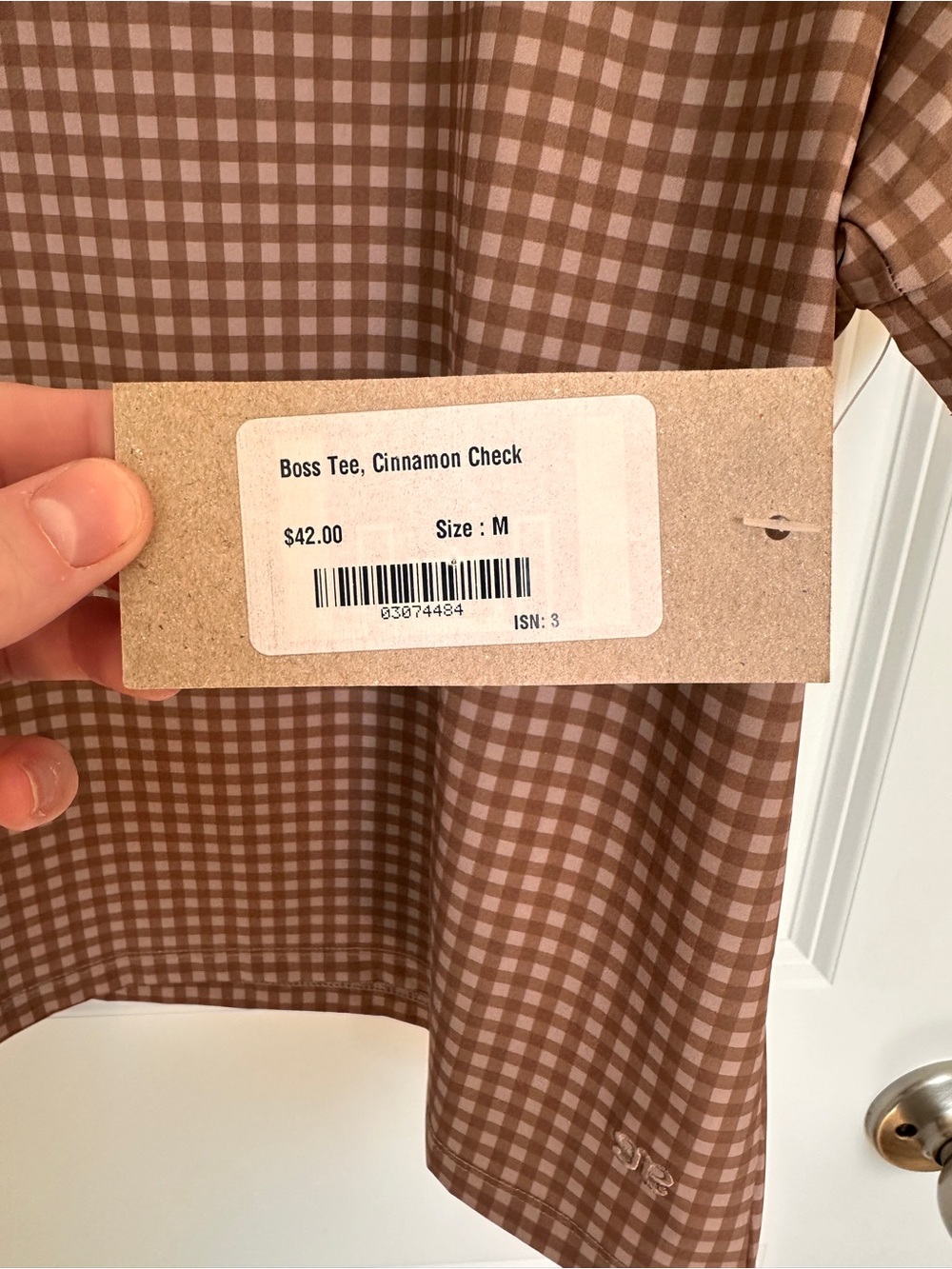 NWT Albion Fit Gingham Short-Sleeve Top in Brown - Picture 3 of 3